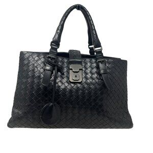 Bottega Veneta Womens Woven Leather Intrecciato Roma Satchel Bag Handbag Black